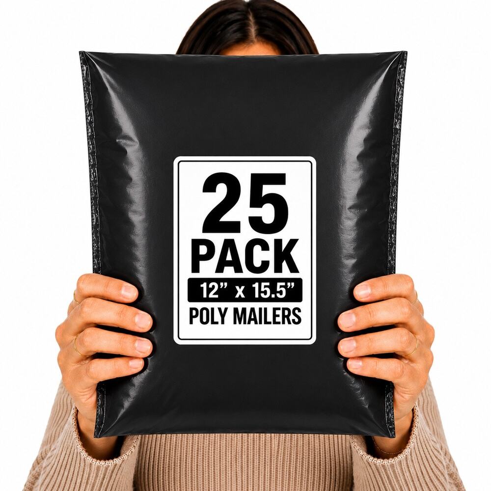 POLYMAILERS BLACK SHIPPING BAGS (25 PACK) 12" X 15.5" SELF SEAL MAILERS NEW